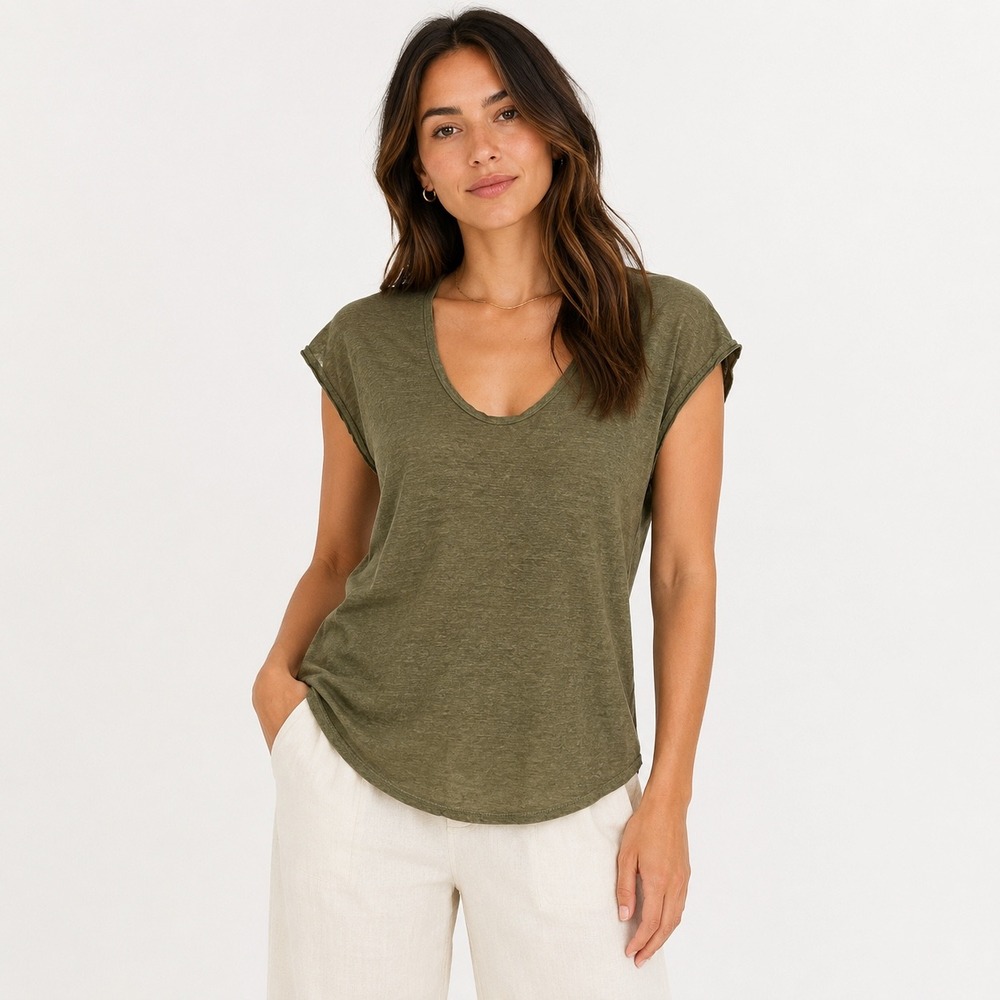 FRAME Womens Muscle Tee Olive Green Organic Linen Scoop Neck LWTS1067 XL